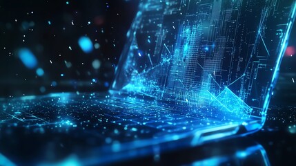Abstract digital technology scene featuring a blue low poly design laptop against a dark futuristic background, emphasizing hightech digital infrastructure