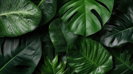 Fototapeta premium Lush green leaves thrive abundantly on the ground, creating a vibrant natural scene.