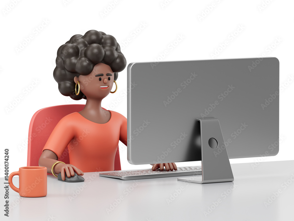 Poster a woman sits at a desk using a computer, symbolizing focused work in a comfortable environment. 3d r
