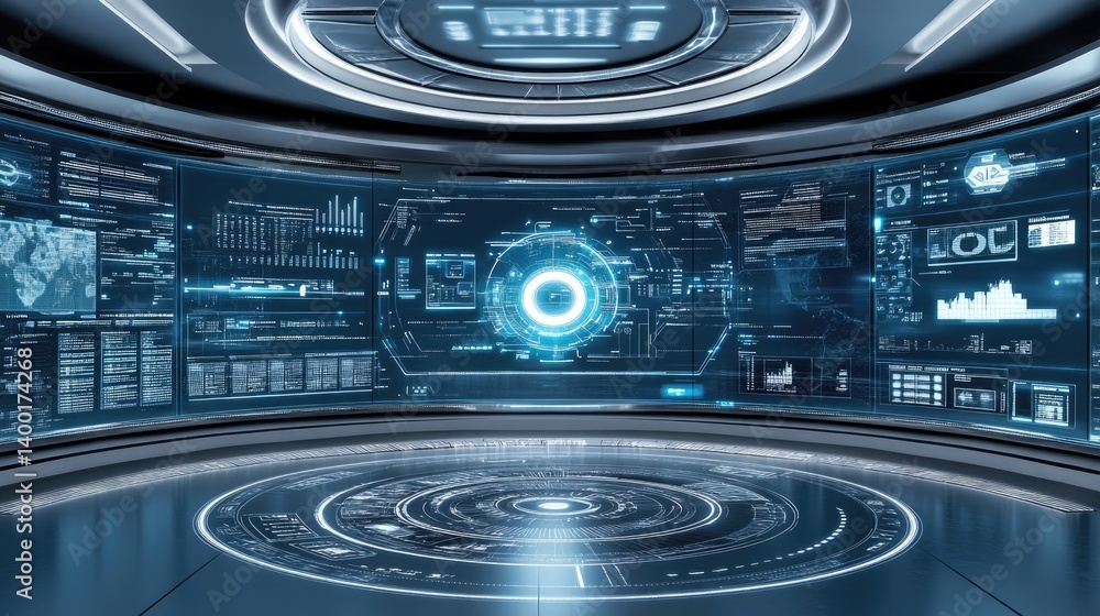 Poster clean industrial control room overseeing fully automated operations via digital dashboards