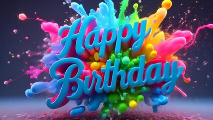 3d “Happy Birthday” typography with vivid splash of colorful paint on dark background. Concept of birthday celebration, joyful greetings, and festive mood. - Powered by Adobe