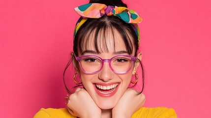 Fototapeta premium Joyful Teen Girl with Colorful Headband and Funky Glasses Smiling