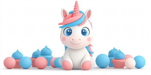 Naklejka premium Adorable Unicorn with Pink and Blue Mane Surrounded by Spheres and Cupcakes Rendered in 3D Style