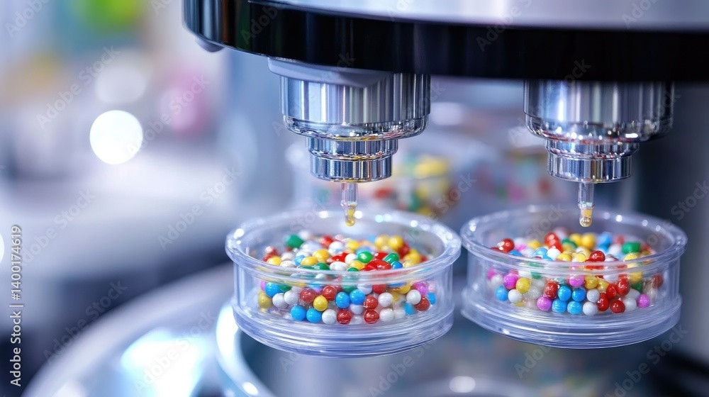Poster close-up of automated pill counting machine dispensing capsules into containers