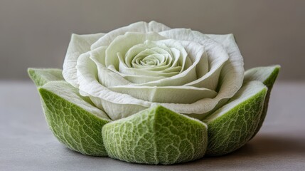 Fototapeta premium A white rose is sliced in half, revealing its delicate petals and inner structure.