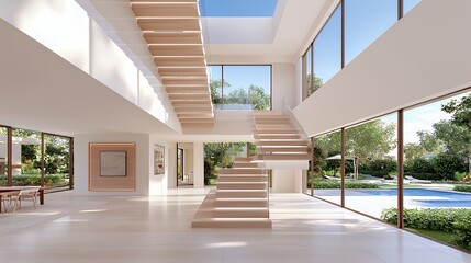 Modern residence elegant interior with wooden staircase