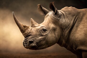 Majestic White Rhinoceros Portrait Close Up Showing Detailed Skin Texture And Powerful Horn Against Neutral Background, rhinoceros, rhino, white rhino, wildlife, animal, mammal, close up, portrait