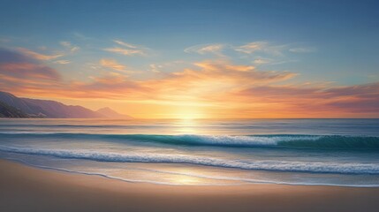 Fototapeta premium Serene Sunrise over Tranquil Beach with Gentle Waves and Colorful Sky Reflections