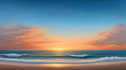 Fototapeta premium Serene Beach Sunset with Calm Waves and Colorful Sky at Dusk in Vibrant Paradise Landscape