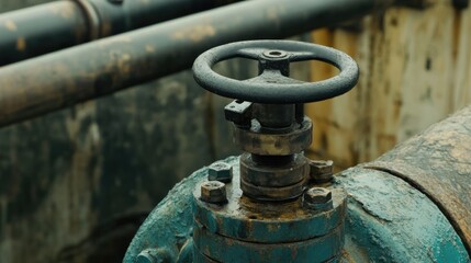 Fototapeta premium Close-up of a valve on a pipeline in an oil refinery, highlighting its function