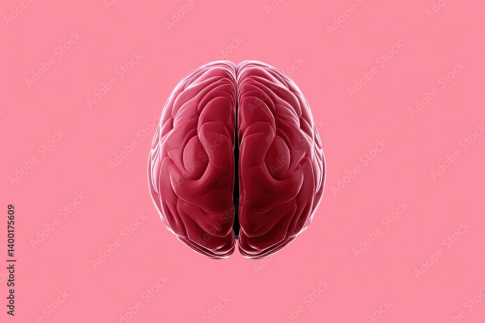 Poster red centered brain model on bright pink background in clean minimalist composition with realistic li