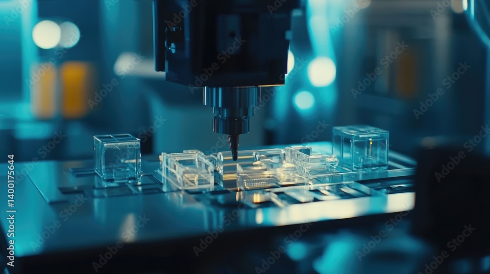 Poster close-up view of mechanical press machine in action with precision metal cutting