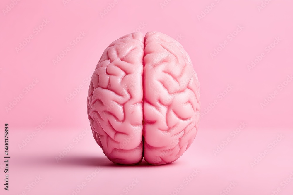 Poster realistic soft pink brain model displayed centered on vibrant background representing human intellig