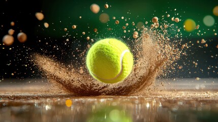 A close-up action shot of a tennis ball being struck with immense power.