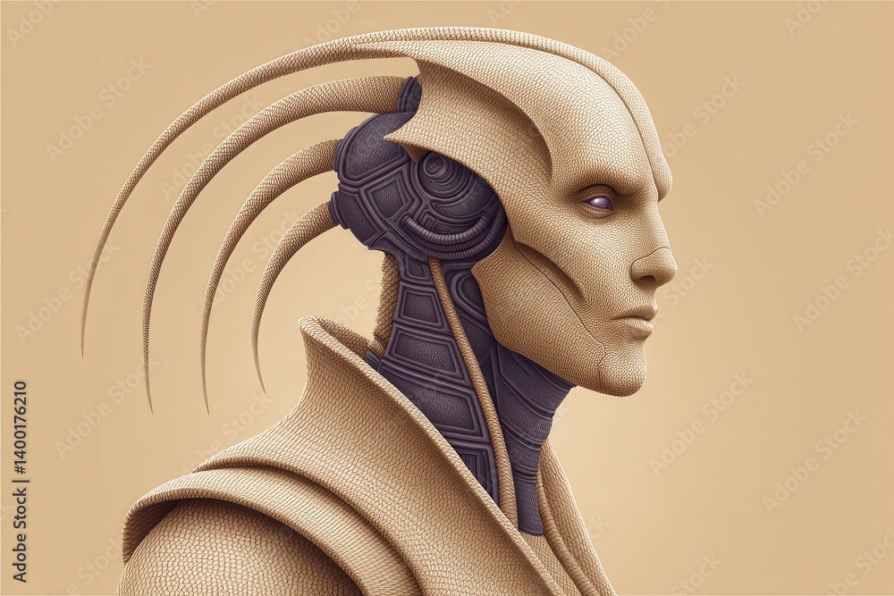 Poster futuristic humanoid head model with metallic finish wires and robotic interface elements presented a