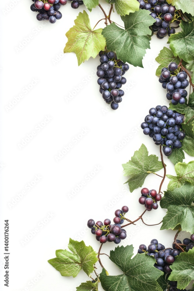 Poster fresh dark grapes and green leaves on white background creating a natural elegant frame for text or 