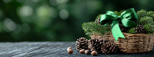 Festive Arrangement with Pine Cones and Green Ribbon in Wicker Basket Displayed on Wooden Surface
