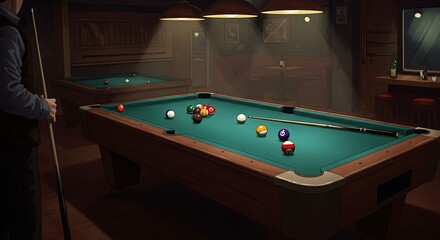 Moody Pool Hall: Awaiting the Next Shot - Atmospheric Digital Painting in Warm Tones AI Generated