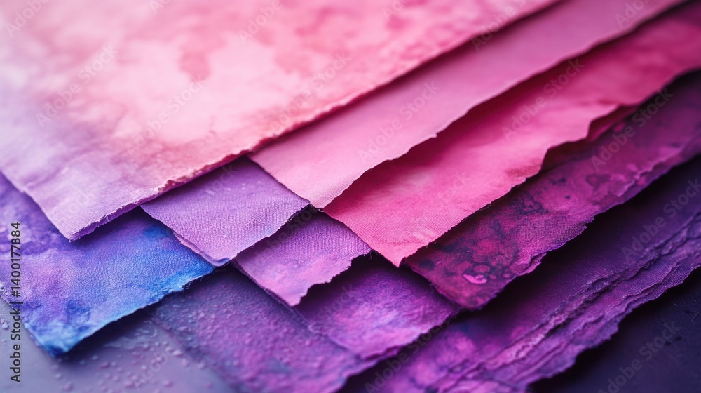 Poster abstract arrangement of vibrant handmade paper sheets in gradient pink purple and blue tones creatin