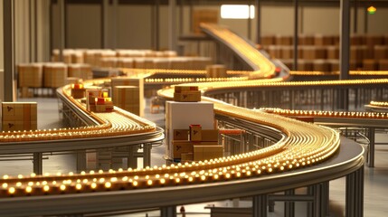 Factory interior with interconnected machinery and conveyor systems under bright lighting