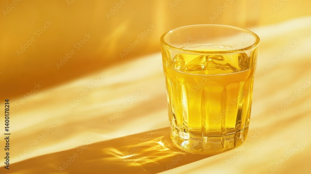 Poster refreshing glass of golden liquid on a sunny golden background casting shadows creating a warm and i