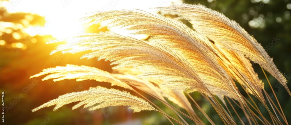 Poster golden hour sunlight shining through pampas grass creating a warm and inviting nature scene with sof