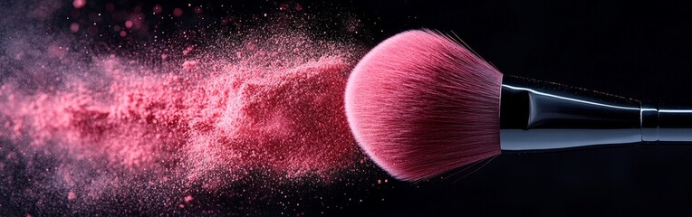 Pink Makeup Powder Blown from Brush in Dark Background