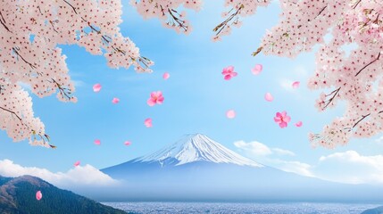 Serene Sakura Blossom Scene with Mount Fuji and Blue Sky Under Pink Petals Falling