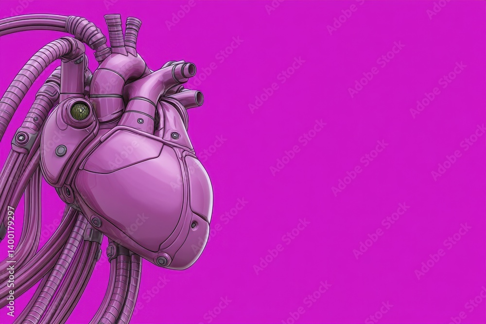Poster artificial purple heart with tubes and mechanical pipes extending in 3d space over vibrant pink back