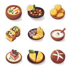 Colorful Brazilian food icons including soups, stews, snacks, and desserts, showcasing variety of textures and flavors that evoke sense of culinary delight and cultural richness