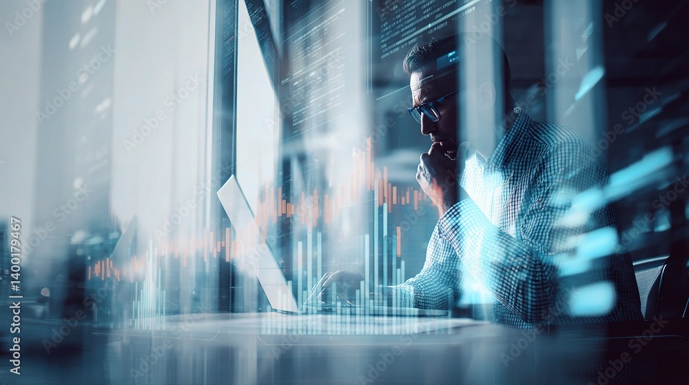 Poster double exposure of financial advisor analyzing data in office setting