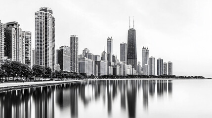 Obraz premium Reflective Skyline of Urban Metropolis Cityscape with Towering Architecture and Serene Water View
