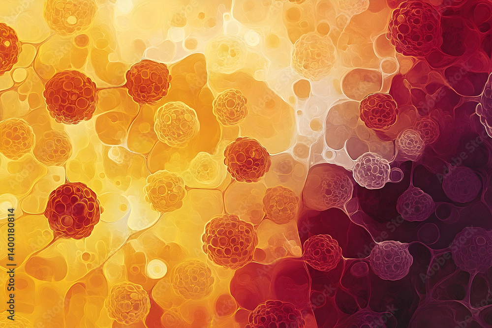 Poster a detailed microscopic representation of clustered cells, showcasing cellular structure and connecti