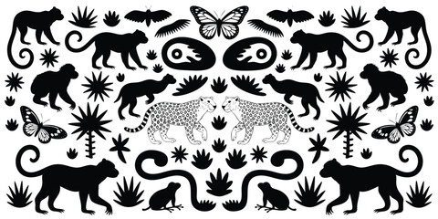 A vibrant, symmetrical pattern featuring black silhouette illustrations of monkeys, leopards, butterflies, and tropical plants on a white background
