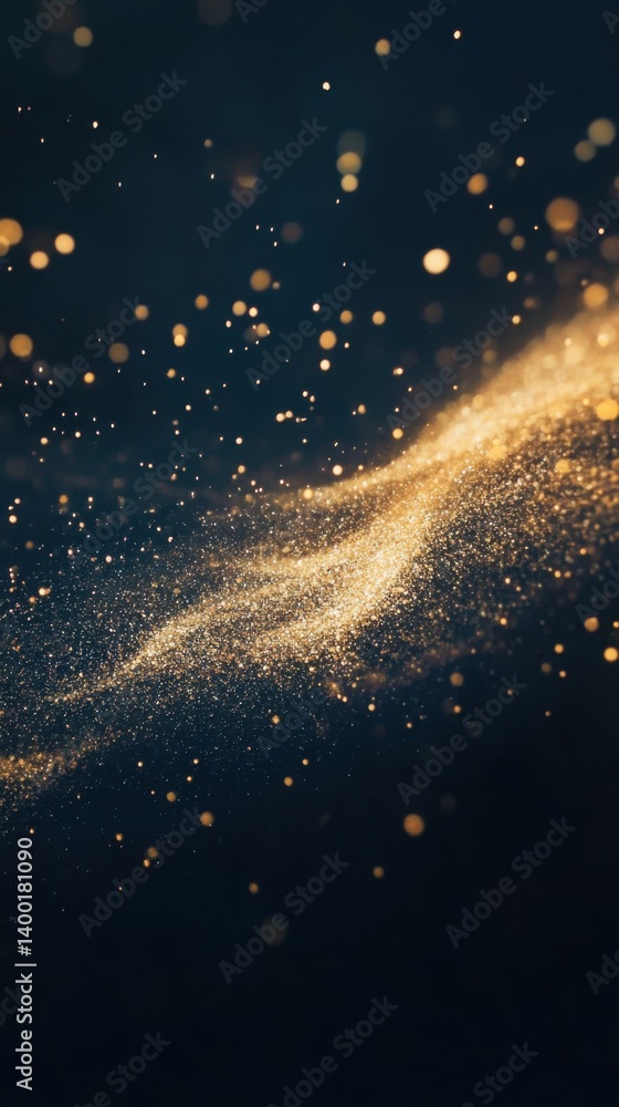 Aufkleber ethereal golden glitter dust floating on dark blue background creating a magical and dreamy atmosphe
