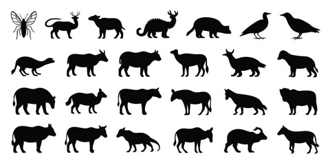 Fototapeta premium A collection of black silhouette profiles of diverse animal species, including mammals, birds, and an insect