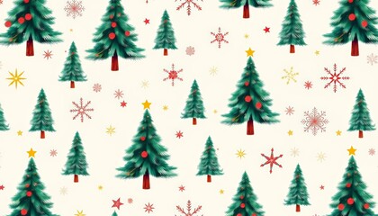 Seamless festive pattern featuring Christmas trees, snowflakes, and stars on a light background, star pattern, festive