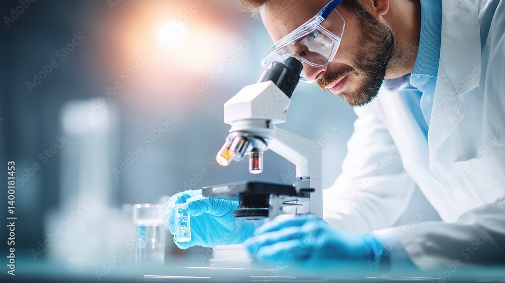 Poster research scientist observing samples under microscope in laboratory