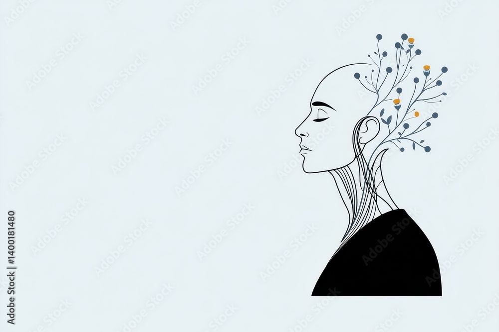 Poster futuristic profile of digital head silhouette showcasing neural connection streams in abstract minim