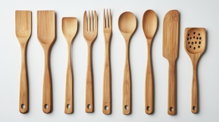 A close-up view of various wooden utensils arranged neatly on a table.