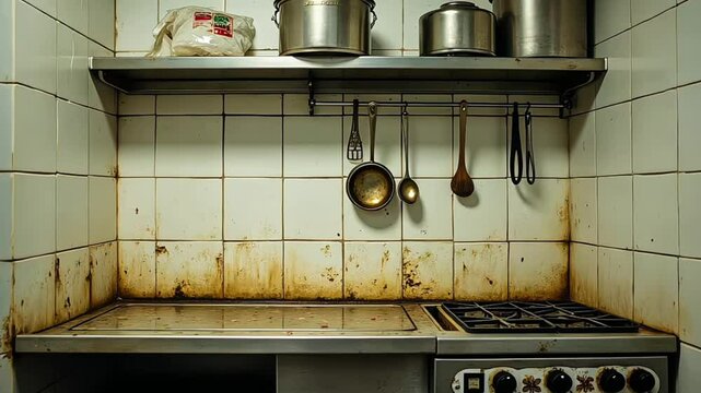 Kitchen Realism Concept &ndash; Used and Dirty Kitchen with Hanging Utensils