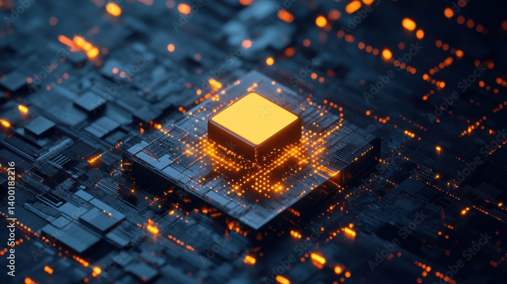 Poster futuristic microchip with glowing circuits symbolizing advanced technology and artificial intelligen