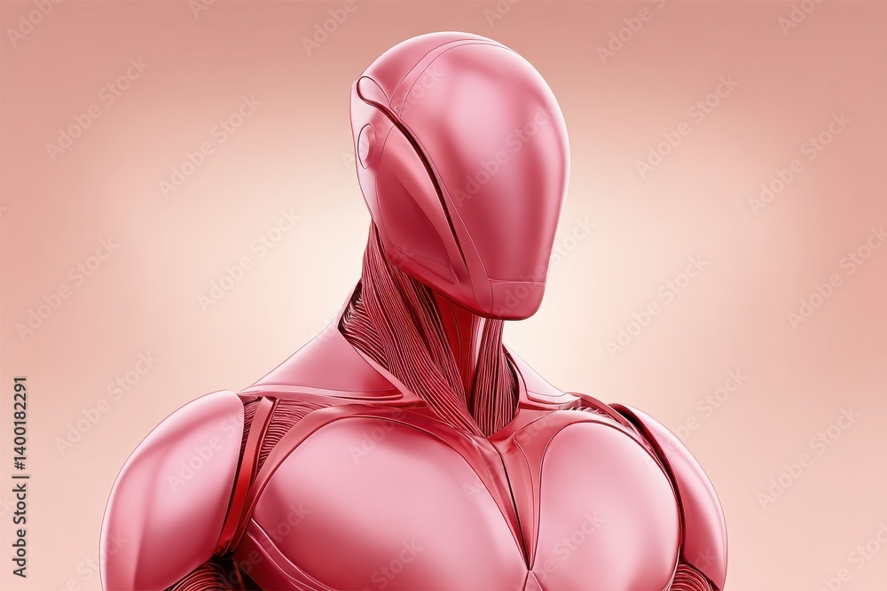 Poster futuristic pink humanoid with muscular contours metallic surface and featureless face in high detail