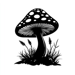 Silhouette of a mushroom with grass.  Detailed graphic of a large mushroom with a wide cap dotted with spots and a long stem, standing amidst a cluster of grass and small plants