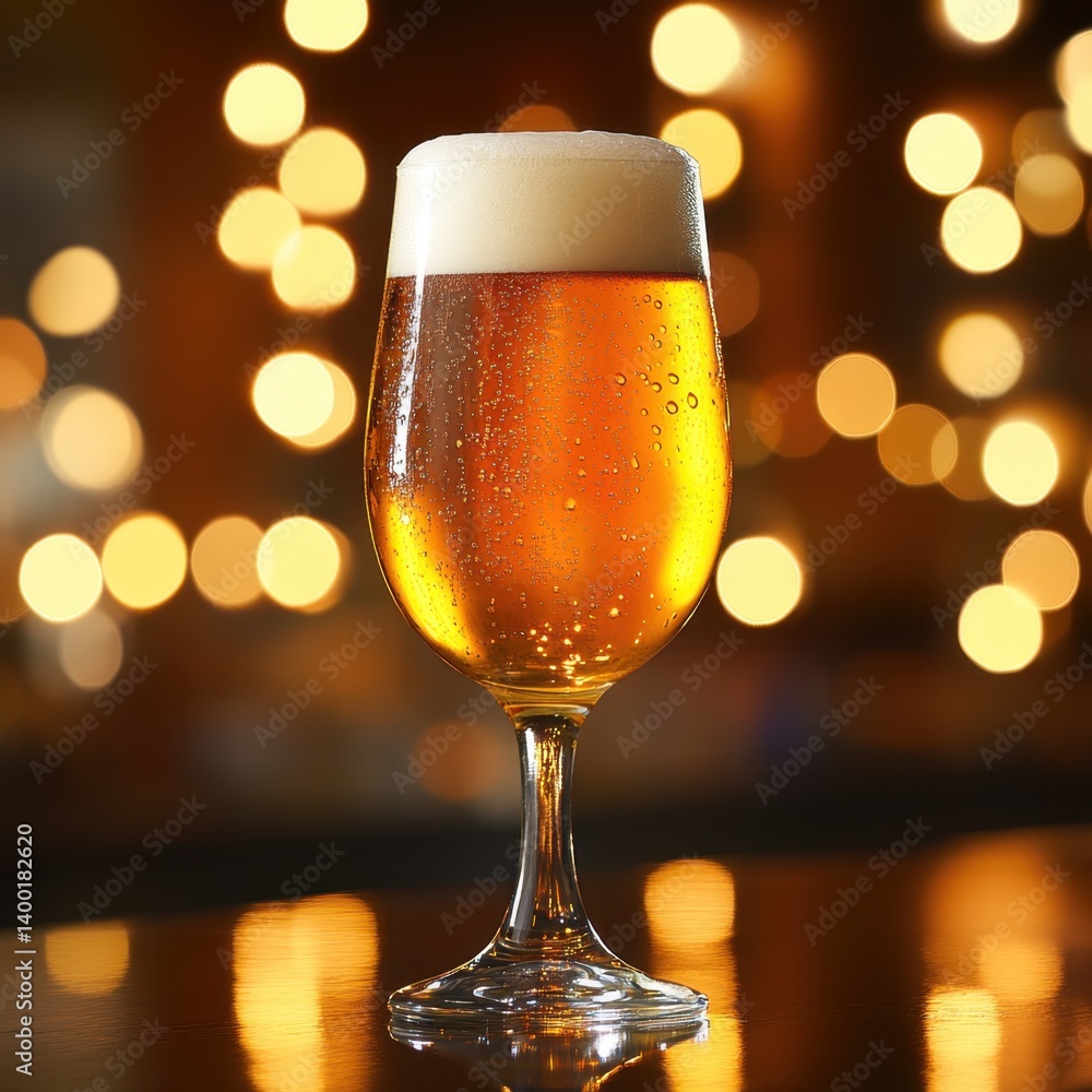 Poster refreshing glass of golden beer with frothy head on bar top capturing bokeh lights in soft focus bac