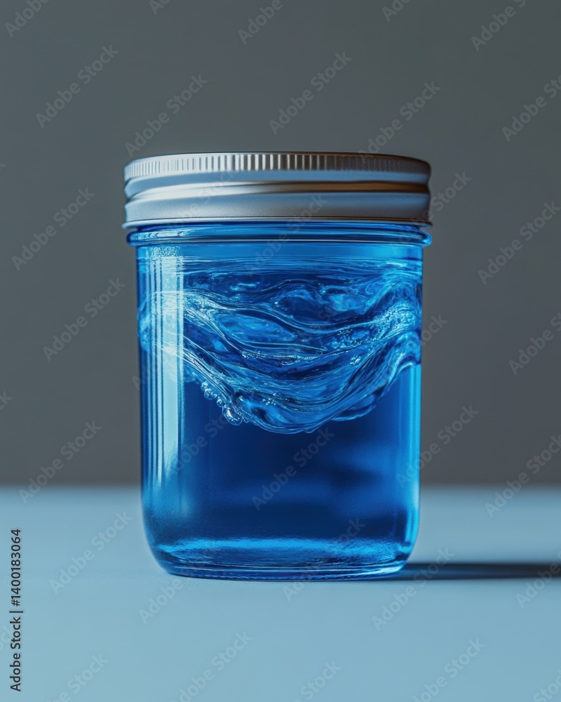 Aufkleber elegant blue liquid swirling in a glass jar on a neutral surface creating a dynamic and captivating 