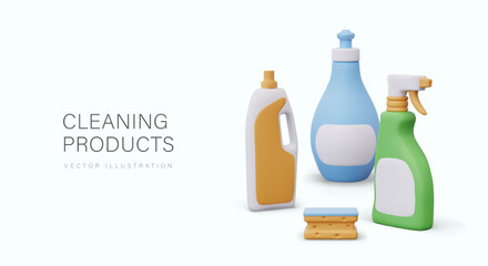 Cleaning products. Vector group of elements in realistic cartoon style. Plastic bottles of various types for liquid detergents, sponge. Color mockups, blank labels for advertising