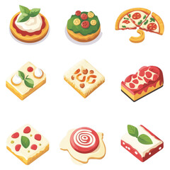 Colorful Italian food icons including pizza, pasta, and desserts create delightful visual feast. Each item showcases vibrant colors and appealing designs, perfect for food lovers
