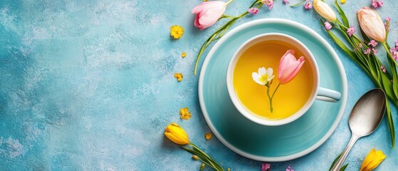 Obraz premium A teacup holds tea and a delicate flower, creating a serene and inviting scene.