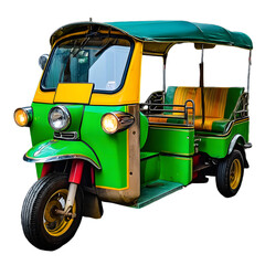 Obraz premium Green and Yellow Tuk Tuk: A vibrant green and yellow Tuk Tuk, a popular mode of transportation in Southeast Asia, stands ready to take passengers on a scenic adventure.